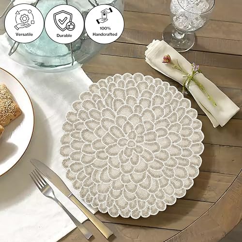 ALPHA Living HOME Beaded Placemats 13 Inch Ivory White Handmade Table Mats