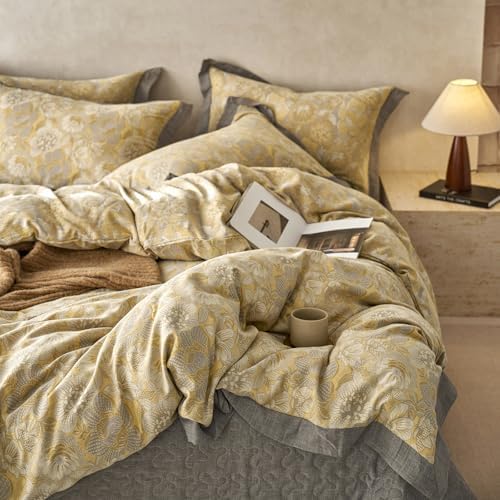 Jacquard Floral Duvet Cover Set King,Yarn-Dyed Cotton Yellow Gold Flower Duvet Cover Bordered,Vintage Garden Style Bedding Set King