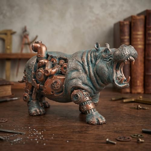 Hippo Decor - 9.4inch Resin House Hippo Statue Steampunk Hippo Figurine