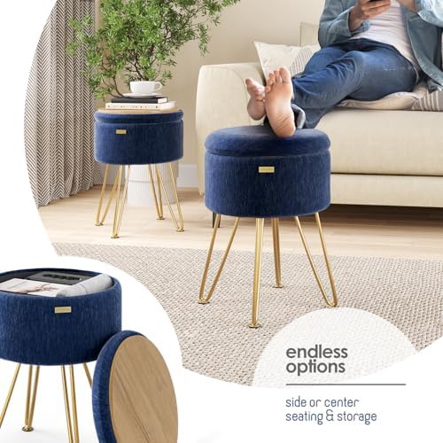 Round Ottoman with Storage, Textured Velvet Storage Ottoman, Foot Stool Ottomans, Makeup Vanity Stool, Small Ottomans Foot Rest, Modern Vanity Stools for Living Room and Bedroom, Blue