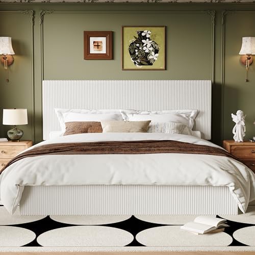 Allewie King Bed Frame, Adjustable Corduroy Headboard, Platform, White