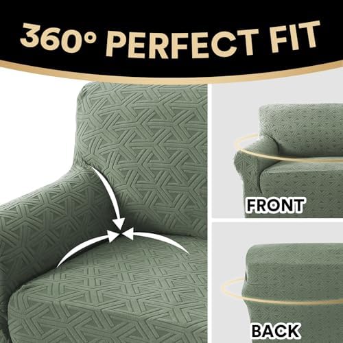 PrinceDeco Jacquard Couch Covers for 3 Cushion Couch 1 Piece Stretch Sofa Covers Furniture Protector Anti-Slip Soft Thickened Dogs Slipcovers Washable Diamond Pattern(Sofa, Sea Grass)