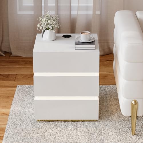 homary 3-Drawer LED Smart Nightstand with Wireless Charging, USB & Type-C Ports – Modern White Bedside Table with Storage and Adjustable Light, Bedroom Night Stand with Glossy Stainless Steel Base