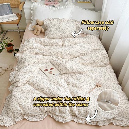 Soft Cotton Muslin Duvet Cover Girls Kids Floral Duvet Cover Beige Crib Bedding Comforter Cover Quilt Cover, 47"x59", Camellia Print (Pillowcases Not Included)
