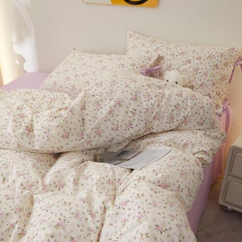 HighBuy 100% Cotton Duvet Cover Full,Lilac Floral Bedding Comforter Cover French Style,Duvet Cover Set 2 Bowknot Bow Tie Pillowcases,Shabby Chic Bedding Duvet Cover Set