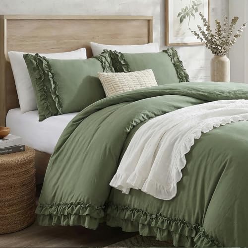 Avocado Green Duvet Cover Ruffled Bedding Set Pleated Ruffle Fringe Shabby Chic Bedding Twin Size Super Soft Cozy Boho Bedroom Bedding for All Season