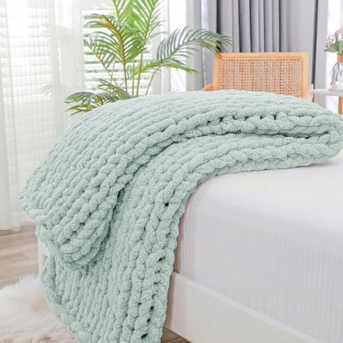 Bigacogo Chunky Knit Throw Blanket for Couch, 40x40 inches, Mint