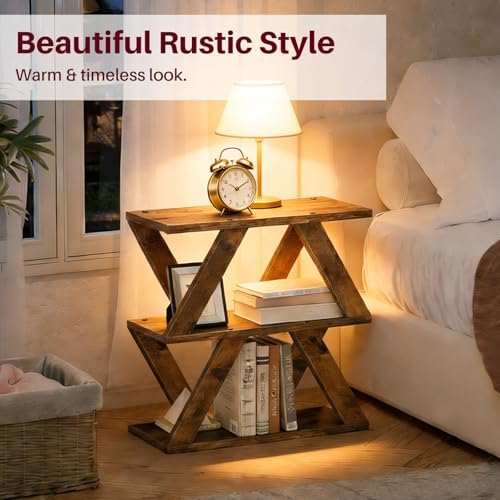 Set of 2 Side Table, 3 Tier Side Table with Side Guard Rails & Anti-Slip Pads, Narrow End Table for Small Spaces, Slim Nightstand with Storage Shelves for Bedroom, Living Room, Rustic Brown