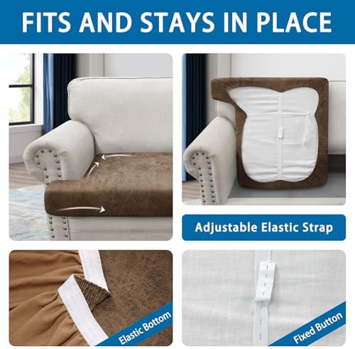 T Cushion Sofa Slipcovers Leather-Look 3PC Stretch Sofa Cushion Covers for 3 Cushion Couch Individually Couch Seat Covers with Elastic Bands, Pet-Friendly, Non-Slip, Easy Fit - Light Brown