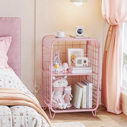 APEXCHASER Cute Kids Pink Nightstand,3 Tier Metal Side Table