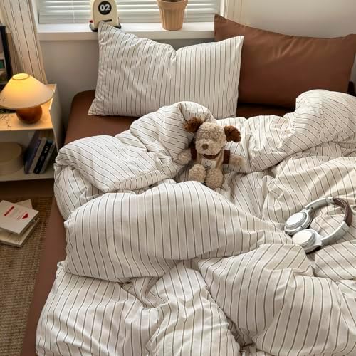 Twin Duvet Cover Set 3-Piece Vintage Striped Bedding Set - Soft Microfiber