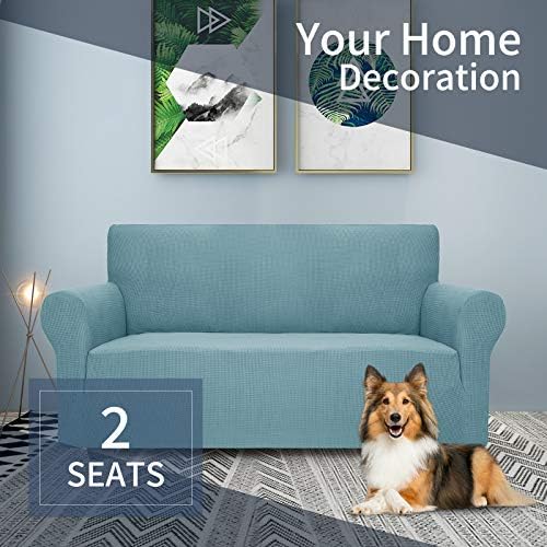 JIVINER High Stretch 1-Piece Jacquard Small Checks Couch Covers for 2 Cushion Couch Anti Slip Love Seat Sofa Covers Loveseat Slipcovers Protector for Kids Pets (Loveseat, Light Blue)