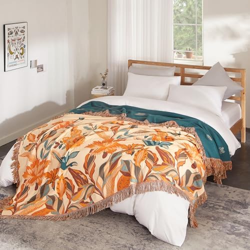 Boho Throw Blanket for Bed 90”x98”, 100% Cotton Blanket for Couch Sofa