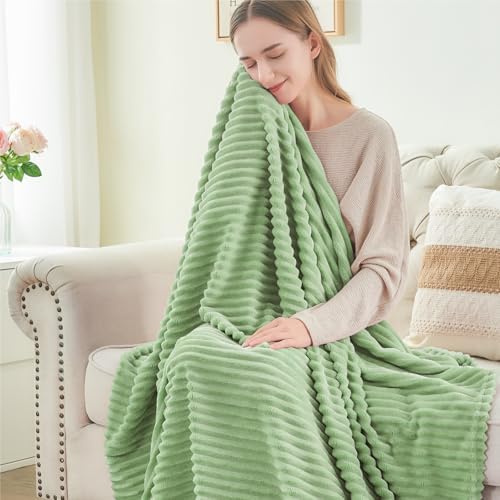 BEDELITE 3D Ribbed Apple Green Fleece Throw Blanket for Couch, 50x60 Inch