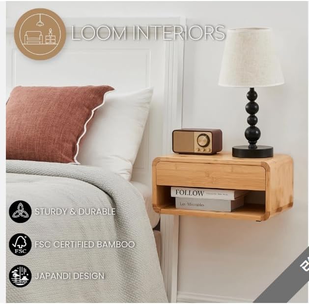 Bamboo Floating Nightstand with Storage Drawer, Wall Mounted Bedside End Tables with Open Shelf, Modern Bedside Cabinet Storage for Bedroom Living Room