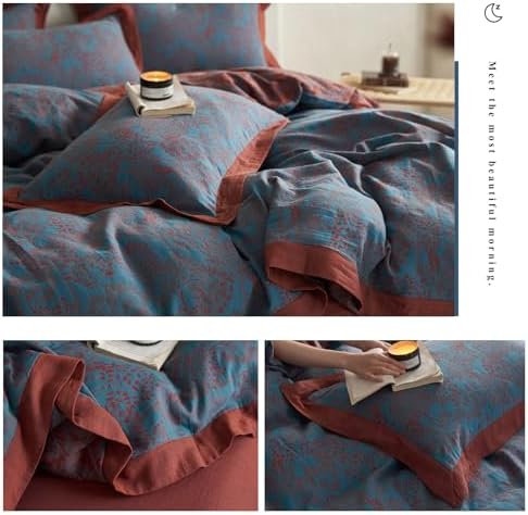 Blue Red Duvet Cover Queen,3 Pieces Retro Jacquard Forest Theme Tree Leaves Bedding Set,Linen Cotton Yarn-Dyed Textured Duvet Cover with Zipper Closure