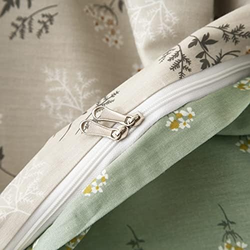mixinni Boho Chic Printing Beige Duvet Cover Set Twin XL Vintage Green Floral Soft Cotton Bedding Comforter Cover with 1 Flower Duvet Cover 2 Pillowcases Perfect for Girls-(3pcs, Twin XL)