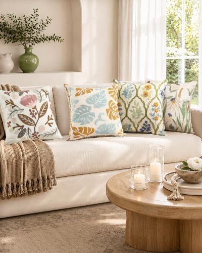 Fall Embroidered Throw Pillow Cover 18x18 Inch, Amber Blooms