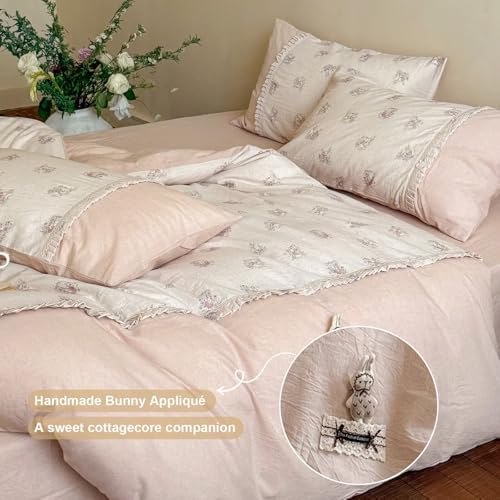 Queen Size Duvet Cover Set 3 Pcs,Cotton Linen Floral Bedding 90"×90"