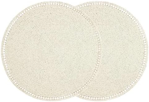 ALPHA Living HOME Beaded Placemats Set of 2 Ivory Round Handmade Table Mats
