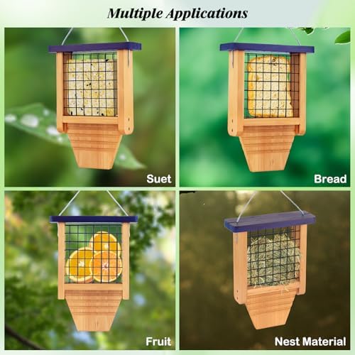 Gbekery Wooden Suet Feeder with Tail Prop for Outside Hanging, Blue Roof