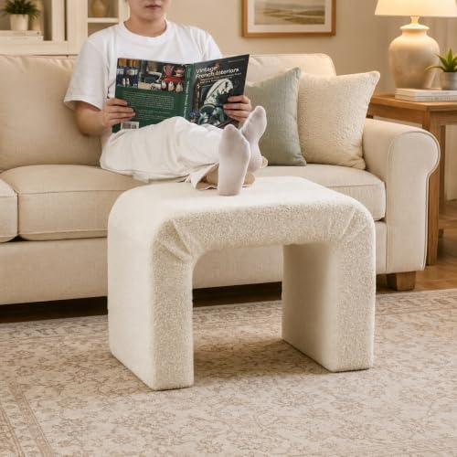 Modern Boucle Ottoman Footstool, 24" Arched Upholstered Vanity Stools for Makeup Room, Small Foot Rest for Entryway, Living Room, Bedroom (Fully Assembled)，White