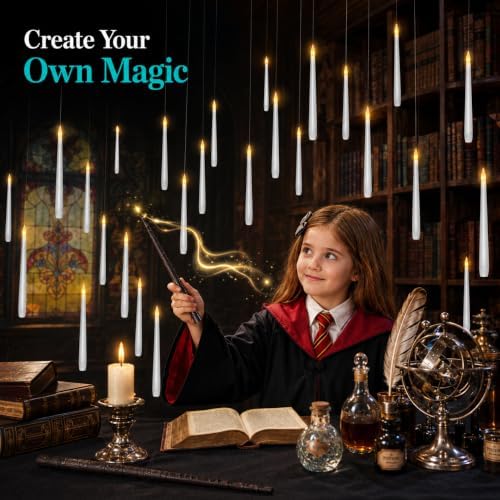 Enido 24 Pack Hanging Flameless Taper Candles with 2 Magic Wand Remotes, Battery Operated LED Floating Candles for Ceiling, Halloween Christmas Indoor Decor