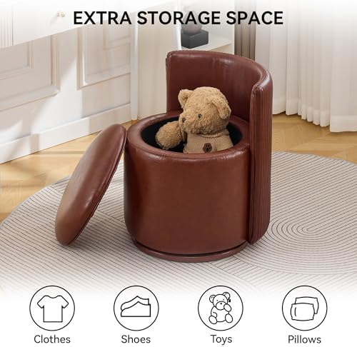 WUTUTUEE Faux Leather Vanity Chair with Storage, 360° Swivel Makeup Chair with Pleated Back, No Assembly Small PU Accent Stool for Bedroom, Dressing Room, Living Room, Brown