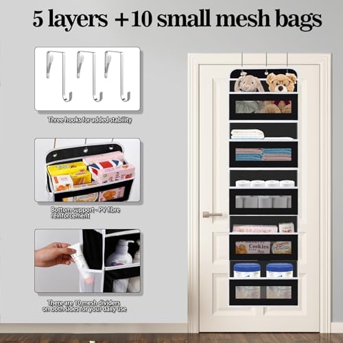 KYEVIS Over The Door Organizer, 5 Shelves Closet Door Hanging Organizer with 10 Mesh Pockets, Nursery Closet Organizer, Baby Essentials, Dorm Room Essentials for Girls