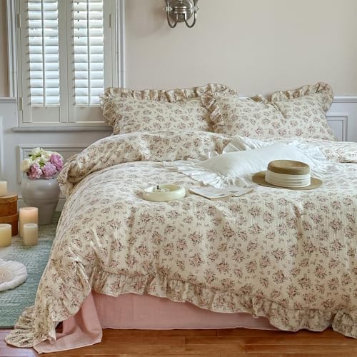 Vintage Flower Duvet Cover Set Muslin Cotton Full(80"x90"),Pink Floral