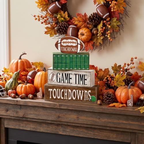 Yuntau 4 Pcs Fall Football Table decoration Centerpieces Wooden Blocks sign