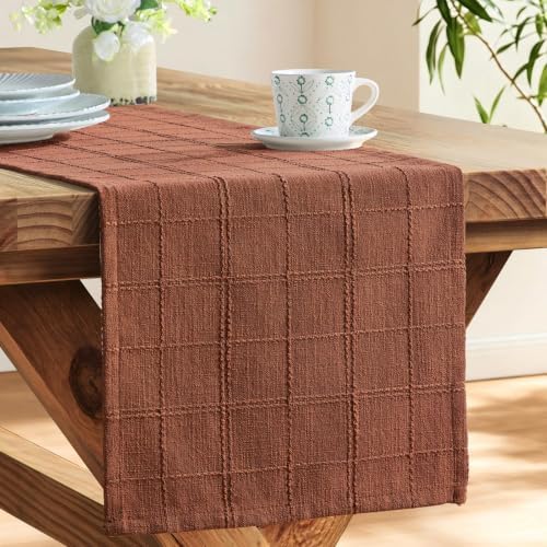 ZeeMart Linen Checked Farmhouse Table Runner, 13x36 Inches Terracota
