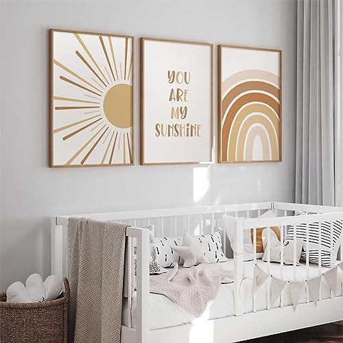 Baccone Boho Nursery Wall Art Baby Girl Wall Decor Kids Rainbow Canvas Wall Art You Are My Sunshine Pictures Toddler Sun Prints Nursery Artwork for Room Bedroom Set of 3 16x24 Inch Unframed