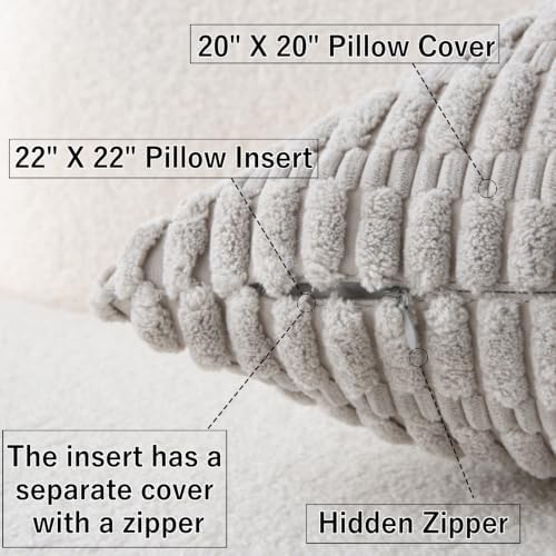 2 Pack Corduroy Decorative Throw Pillow with Inserts, 20x20 Inch Soft Boho Throw Pillow, Square Striped Throw Pillows for Couch, Bed, Sofa Decor (Light Gray)