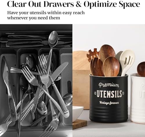 DOWAN 7.2" Large Ceramic Utensil Holder for Kitchen Counter, Matte Black