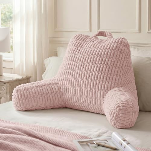 Blissful Diary Reading Pillow, Backrest Pillow with Shredded Memory Foam for Adult & Children, Designed for Bed and Couch Sitting Up, Includes Arms, Pockets and Washable Cover, Pale Pink