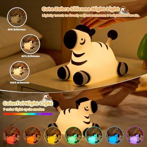 Zebra Silicone Night Light, Kawaii LED Cute Bedside Night Lights Dimmable Touch Control USB Rechargeable Squishy Lamp with Timer for Bedroom Animal Decor Adults Birthday Gifts Party Travel