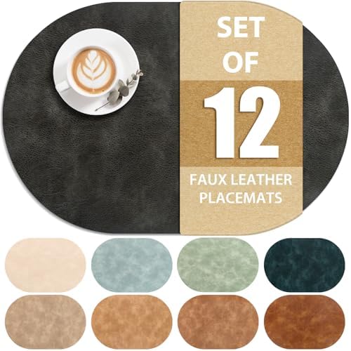 ADRIMER Oval Placemats Set of 12, Wipeable Faux Leather, Dark Grey