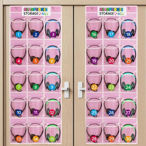 2 Pack Classroom Headphone Storage Organizer with 30 Pockets & 62 Labels