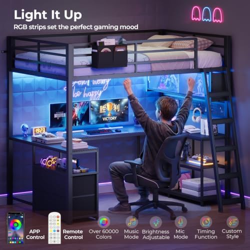 ADORNEVE Gaming Loft Bed Twin Size with U-Shaped Desk & RGB Cabinet, Black