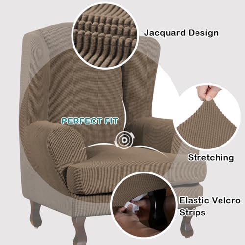 Turquoize Wingback Chair Covers 2 Piece Wing Chair Slipcover Stretch Slipcovers for Wingback Chairs Spandex Jacquard Fabric with Elastic Bottom Non-Slip Furniture Cover, Macchiato