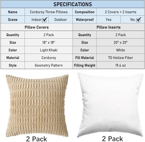 2 Pack Corduroy Decorative Throw Pillow with Inserts, 18x18 Inch Soft Boho Throw Pillow, Square Striped Throw Pillows for Couch, Bed, Sofa Decor (Creamy Beige)