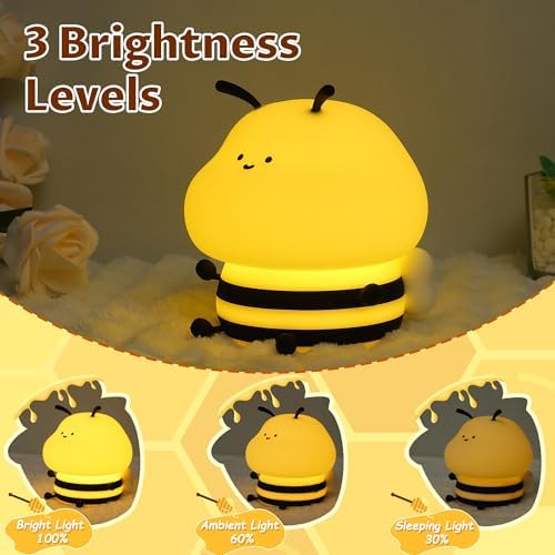 YuanDian Cute Bee Night Light for Kids, Nursery Night Lamp Kawaii Animal Bedside Nightlight with 7 Colors 3 Levels Dimmable Tap Control Rechargeable Nightlights