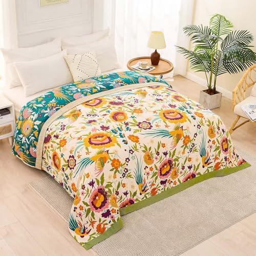 XIBLC Boho Throw Blanket for Bed, 100% Cotton Soft Rustic Quilt Fall Blanket, 50"x60" Colorful Floral Printed Farmhouse Decor Bed Blankets, All Season Rustic Reversible Bohemian Throw Quilt