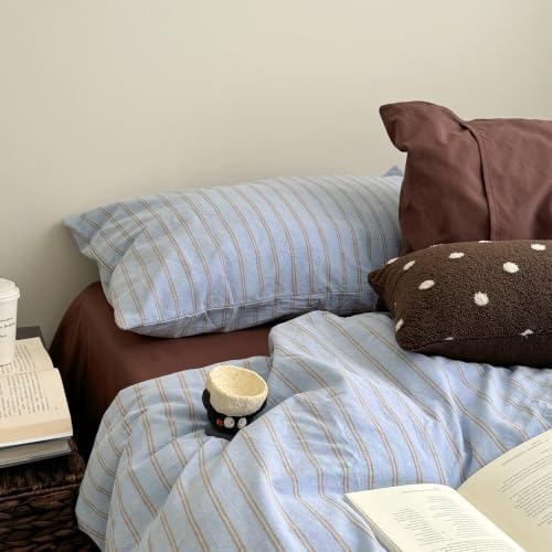 AOJIM Sky‑Blue & Warm‑Taupe Striped Duvet Cover Full 3Pcs Vintage Bedding