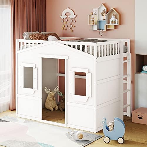 Full Size Loft Bed Space-Saving House Bed Frame with Safety Guard & Ladder for Small Bedroom, White