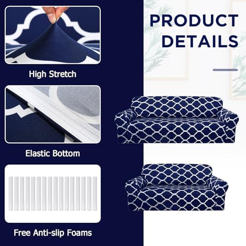 Peryiter 2 Pcs Navy Blue Couch and Loveseat Sofa Covers,2 Size