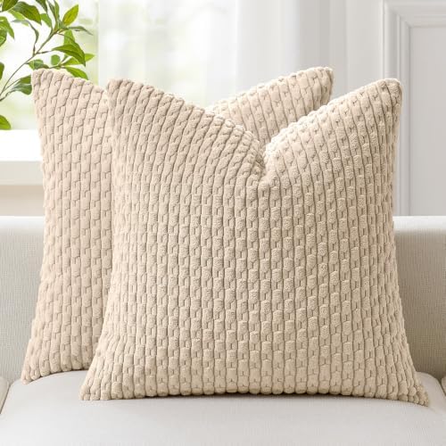 Kevin Textile Soft Corduroy 26x26 Inch Pillow Covers 2 Pack, Beige