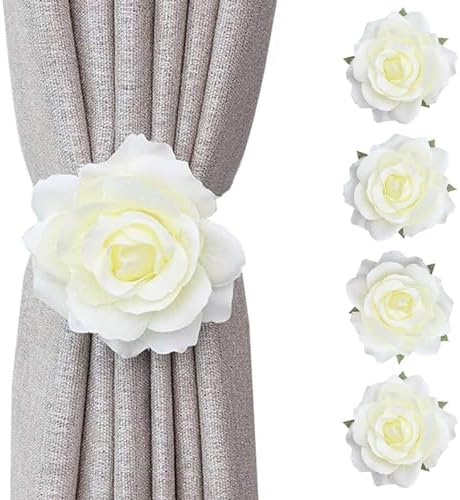 Magnetic Curtain Tiebacks, Rose Flower Tie Backs Rope for Curtains, Elegant 4 Pack Decorative Holdbacks Holders, Home Decor Thin or Sheer Window Drapries Bed Canopy (Champagne)