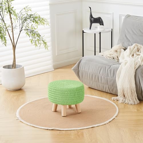 13" Round Handmade Cotton Knitted Boho Small Ottoman with Non-Skid Wood Leg